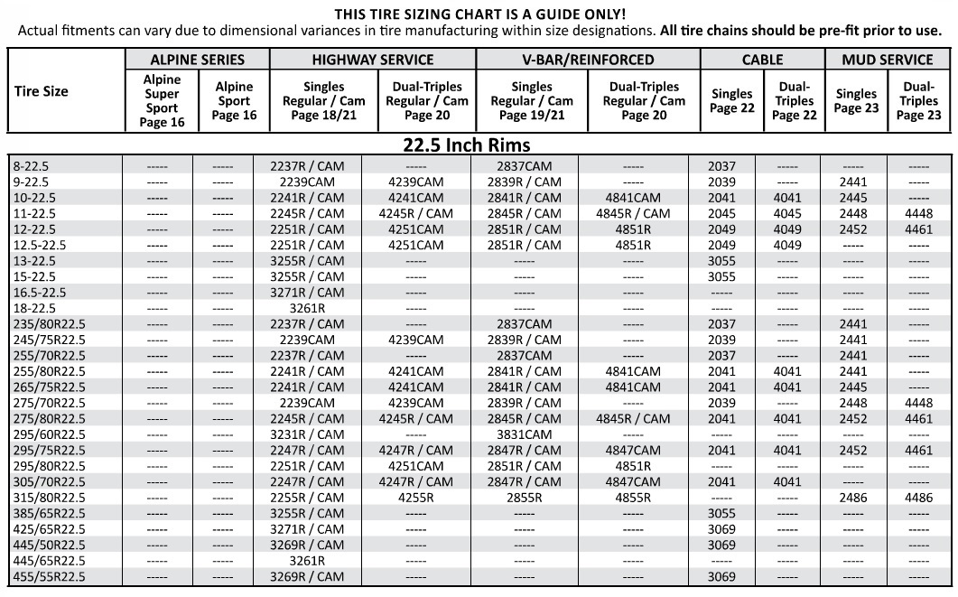 Laclede Tire Chain Size Chart