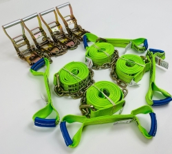 8 Point Kit of Hi-VIZ Green DIAMOND WEAVE Rollback / Flatbed Car Tie-Downs with Chain Tails and USPS Priority Shipping Included!