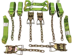 8 Point Kit of 14' Hi-VIZ Green TECNIC Webbing Rollback / Flatbed Car Tie-Downs with Chain Tails and USPS Priority Shipping Included!