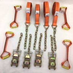 8 Point Kit of 18' Orange TECNIC Webbing Rollback / Flatbed Car Tie-Downs with Chain Tails and USPS Priority Shipping Included!
