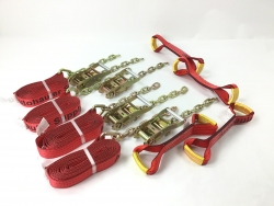 8 Point Kit of 14' Red TECNIC Webbing Rollback / Flatbed Car Tie-Downs with Chain Tails and USPS Priority Shipping Included!