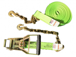 2" Diamond Weave Cargo Strap with Chain and Grab Hook End and Reverse European Ratchet - Length and Color Options