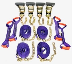 El Supremo 8 Point Kit of DIAMOND WEAVE Rollback / Flatbed Car Tie-Downs with Chain Tails W/ HEAVY DUTY BLACK RATCHET