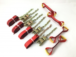 8 Point Kit of 18' Red TECNIC Webbing Rollback / Flatbed Car Tie-Downs with Chain Tails and USPS Priority Shipping Included!