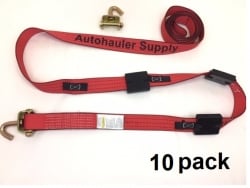10 Pack of 2" x 14' Red TECNIC Webbing Wheel Straps with Swivel-J Hooks and Rubber Tread Grabs