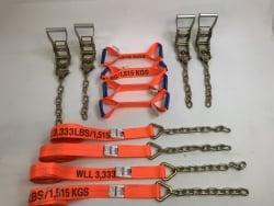 8 Point Kit of Hi-VIZ Safety Orange Rollback / Flatbed Car Tie-Downs with Chain Tails