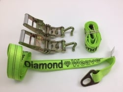 Two Pack Mini 10,000 lb 6 inch Ratchet with Bent Finger hook and Hi-Viz Green Diamond Weave 8ft Oval Hole Strap- UPS