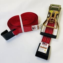 2" wide Red Diamond Weave Flat Hook Cargo Strap with Reverse European Ratchet